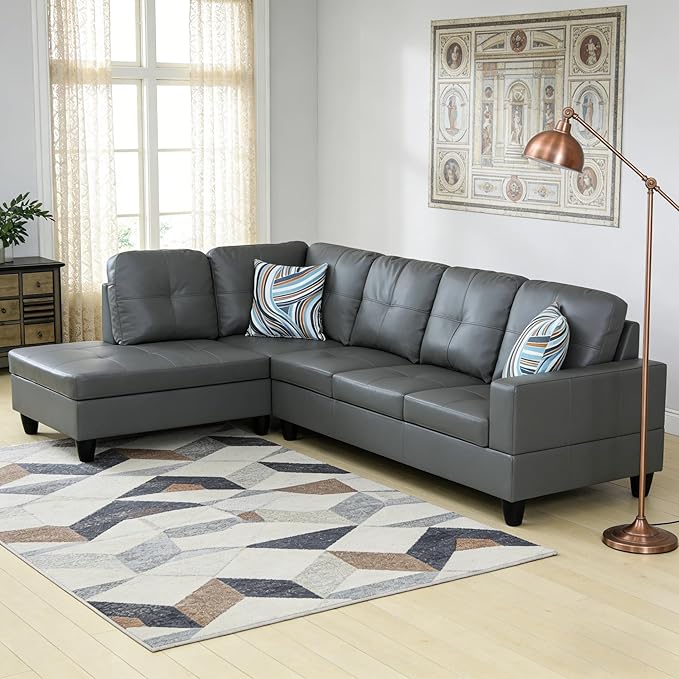 103.5 Inch Modern L-Shaped Couch PU Leather Sectional Sofa with Chaise Lounge 4-Seater Couch with Accent Pillows for Living Room Apartment Dark Grey