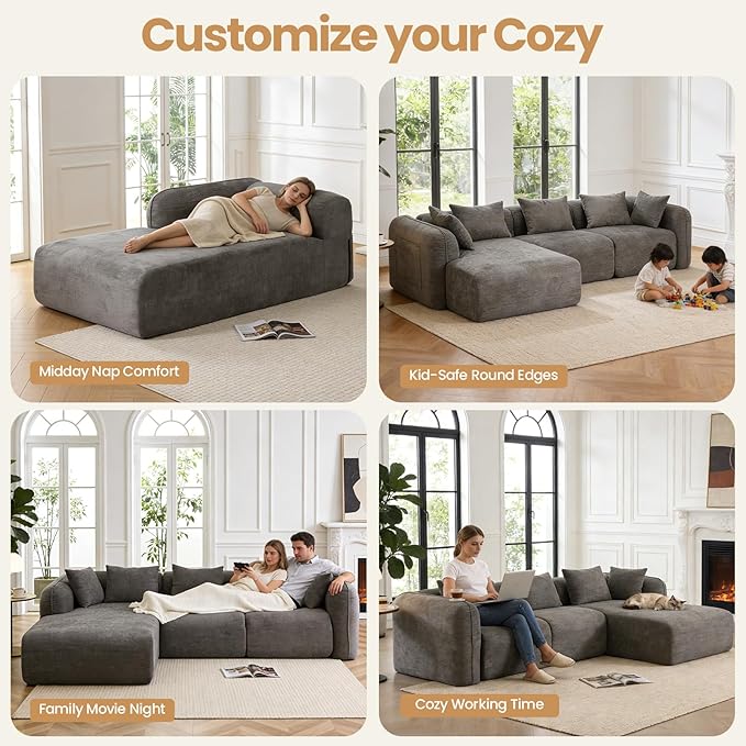 117’’ Chenille Fabric Boneless Couches for Living RoomModular Sectional Cloud Sofa |Fluffy Chenille Deep Seat No-Assembly Memory Foam Comfy Cloud Couch with L-Shaped Chaise (Grey)