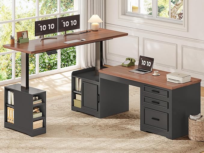 SEDETA Farmhouse L Shaped Electric Standing Desk 63 x 67 Height Adjustable Home Office Executive Desk with Drawers and Shelves Standing Computer Desks with Power Outlet for Home Office Black