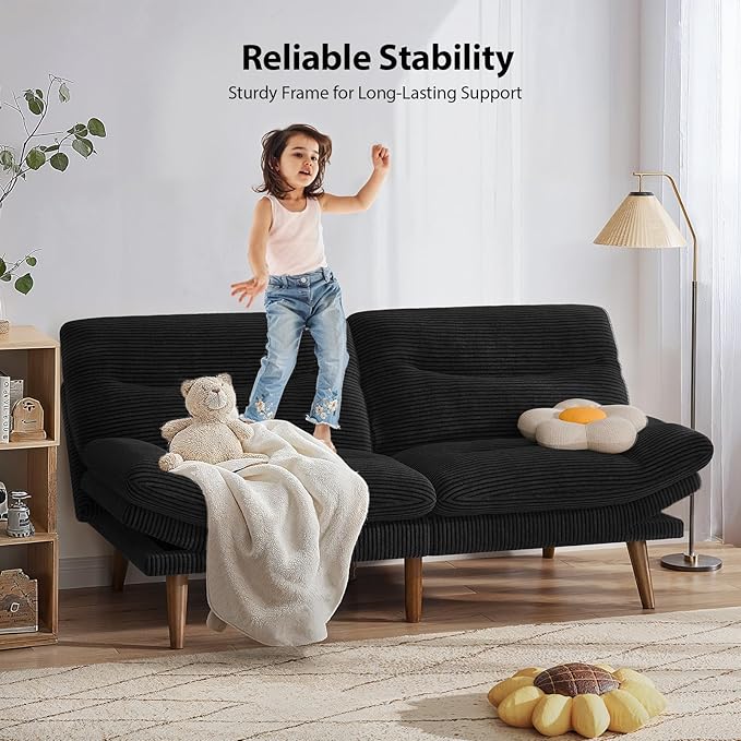 Pipishell Futon Sofa Bed Modern 66 Futon Couch Convertible to Bed &amp Lounger Compact Size Corduroy Loveseat Durable Construction - Fits Small Spaces ApartmentsStudy Room(Ink Black 66 Inch)