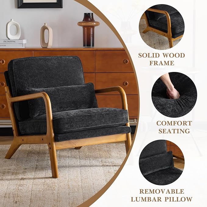 Karl home Mid Century Modern Accent Chair with Lumbar Pillow &amp Oak Arms – Plush Chenille Living Room Chair for Bedroom Lounge (Black)
