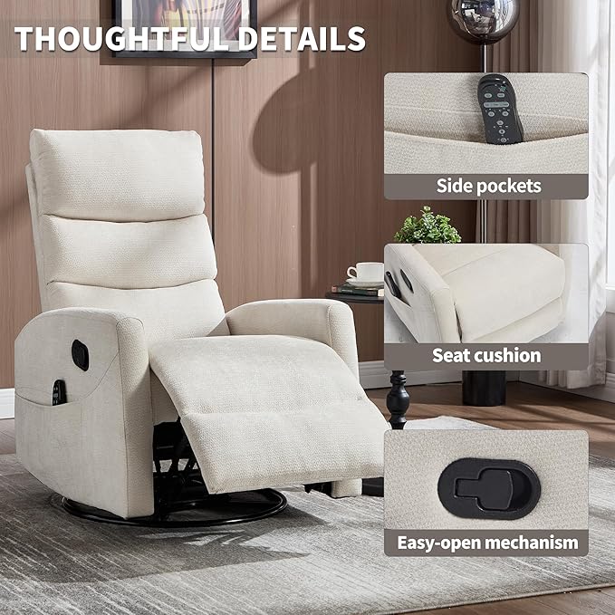 Manual Swivel Rocker Recliner Chair for Adults Overstuffed Glider Chair for Nursing with Vibration Massage &amp Heat Living Room Rocking Recliner 3-Stage backrest Chenille Fabric Beige