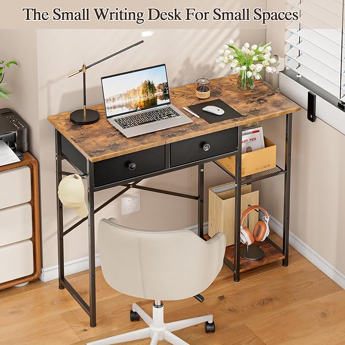 Small Computer Desk 36 Inch Writing Desk with Drawers &amp Storage Shelves Home Office Writing Desk for Small Spaces Bedroom Living Room Dorm Rustic Brown