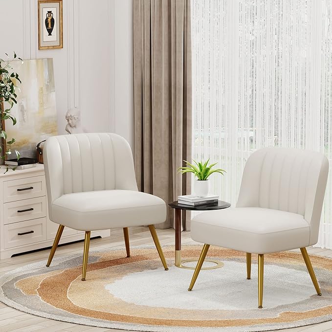 Andeworld Modern Accent Chair Set of 2 Upholstered Faux Suede Living Room Chairs Elegant Armless Cute Small Side Club Chair with Golden Legs for Bedroom-Beige