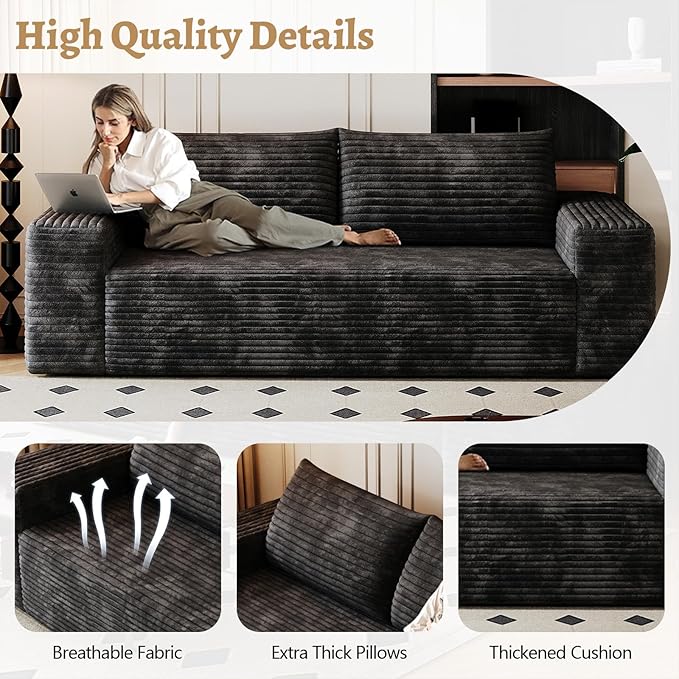 Boneless Sofa Compressed Sofa Couch in a Box Deep Seat Couch for Living Room Bedroom Conference Room Apartment Backrest Pillow No Assembly (Black 63)