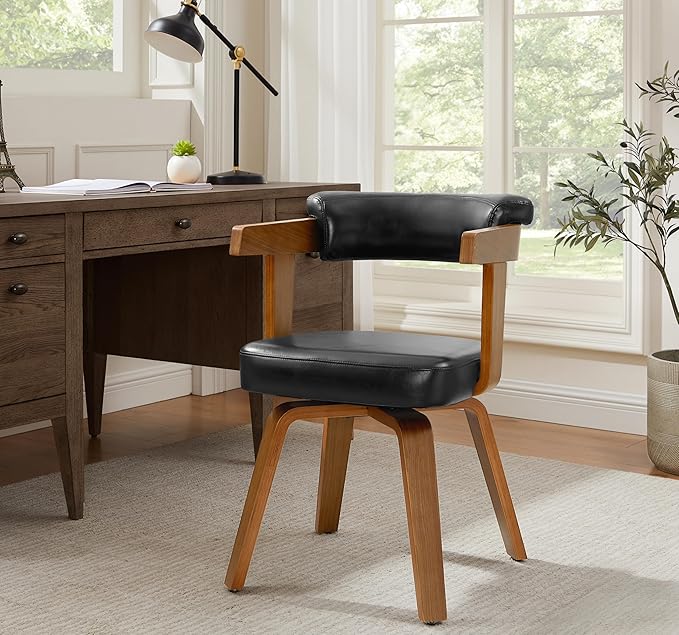 Art Leon Home Office Desk Chair - Mid Century Modern Chair Faux Leather Office Chair No Wheels Comfy Accent Arm Chair with Wood Legs for Small Spaces Living Room Bedroom Study Black/Walnut