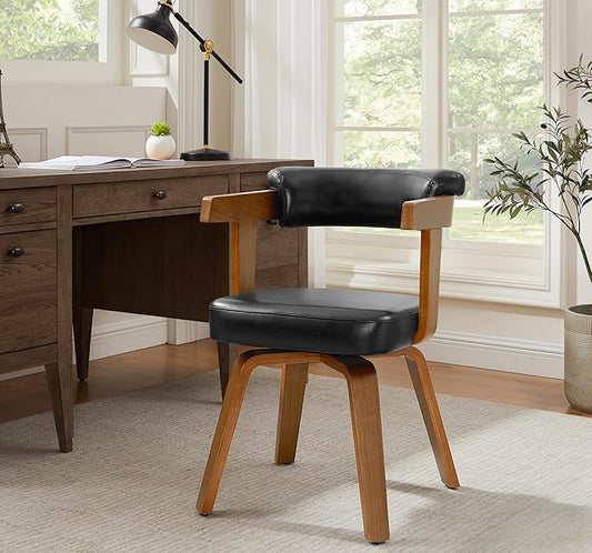 Art Leon Home Office Desk Chair - Mid Century Modern Chair Faux Leather Office Chair No Wheels Comfy Accent Arm Chair with Wood Legs for Small Spaces Living Room Bedroom Study Black/Walnut