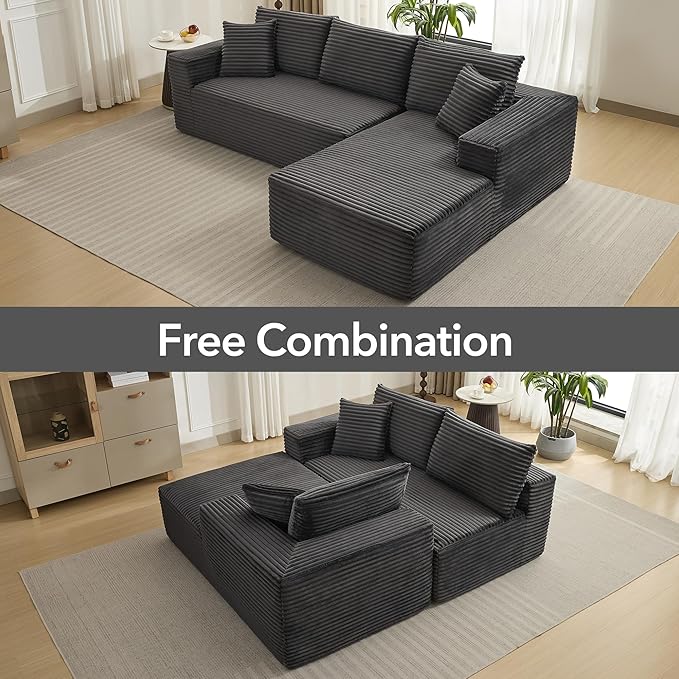 108 Cloud Sectional Couch with L-Shape Chaise Modern Modular Sofa with Deep Seat Boneless Cloud Couches for Living Room Bedroom No Assembly Required Plush Corduroy (Dark Gray Right Facing Chaise