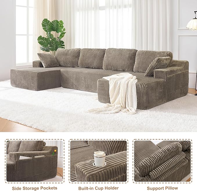 130'' U Shaped Cloud Sectional Couch Modular Boneless Couch for Living Room Corduroy Fabric Cloud Sofa with Supported Pillows and 2 Cup Holders No Assembly Brown