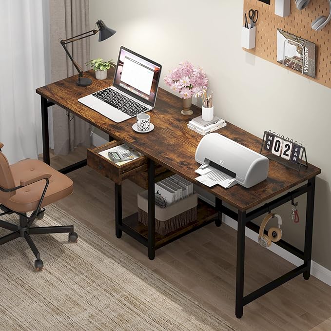 LITTLE TREE 79 Double Desk Two Person Desk with Storage Drawer Long Desk Home Office Desks for 2 Person Rustic Brown