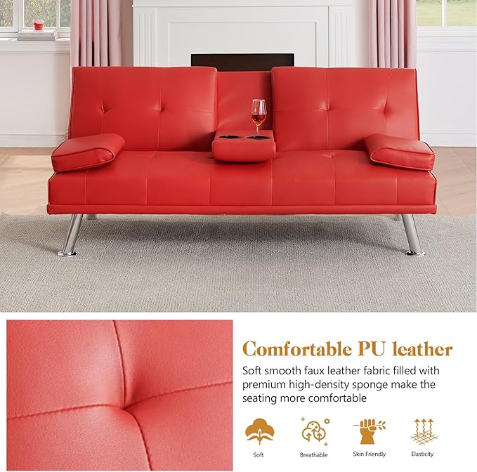 Modern Futon Sofa Bed 67 Inch Leather Convertible Futon Couch Loveseat Sleeper for Small SpacesComfy Folding Recliner Couches for Living Room Adjustable Backrest2 Cup HoldersMetal Legs (RED)
