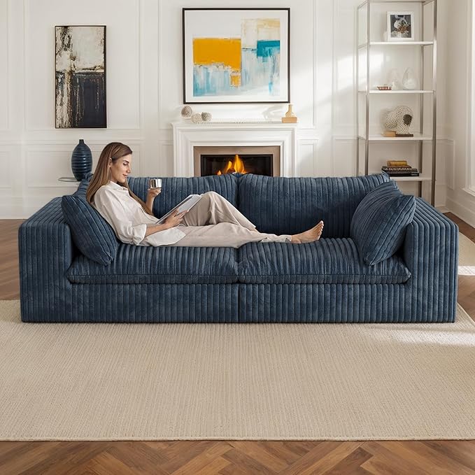 78.8 Modular Cloud Loveseat Couch Corduroy Boneless Couch with Foam &amp Removable Cushion Modern Lounge Sofa in a Box No Assembly Required Upholstered Sofa for Living Room (Blue)