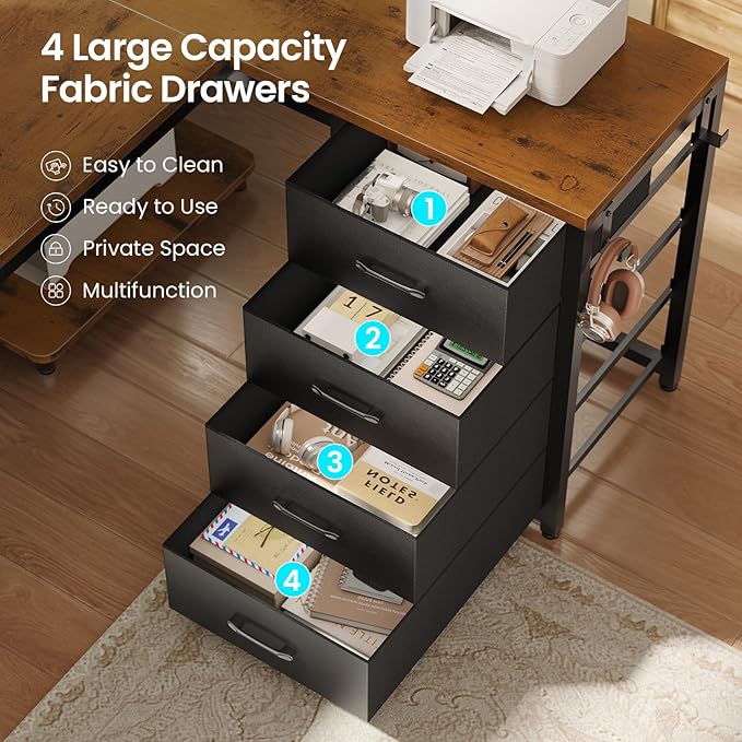 SEDETA 67 U Shaped Desk with 4 Fabric Drawers Reversible Corner Computer Desk with Power Outlet &amp CPU Shelf L Shaped Office Desk with Pegboard for Home Office Rustic Brown