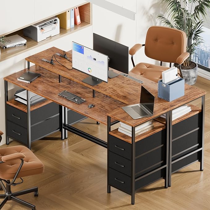 61 Inch Gaming Desk with Power Outlets and LED Lights Reversible Computer Desk with 5 Fabric Storage Drawers Home Office Desk with Monitor Stand for Working Writing Study Rustic Brown