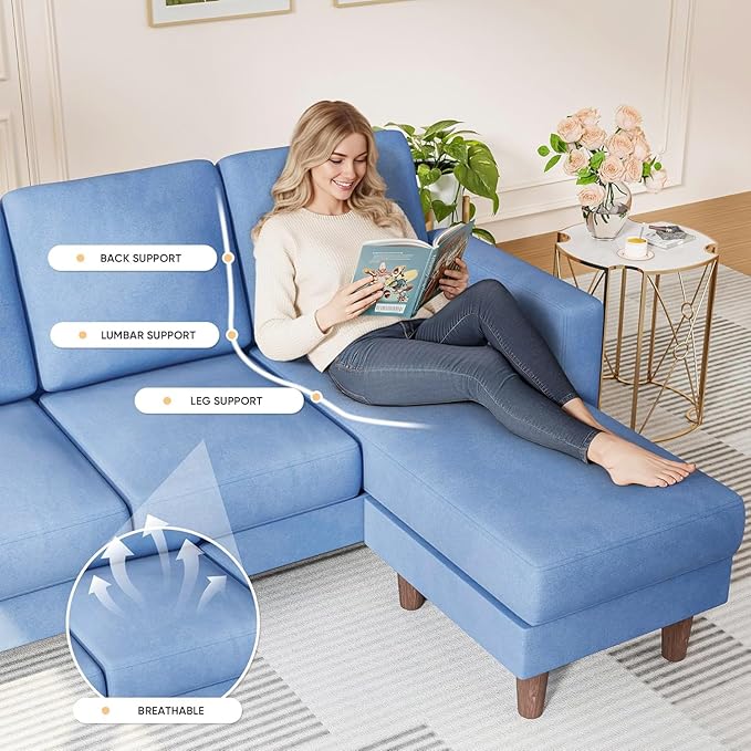 Homall Convertible Sectional Sofa 3 Seat L Shaped Couch with Side Storage Pocket Sofas with Movable Ottoman Small Linen Couches for Living Room &amp Apartment (Linen Fabric Blue)