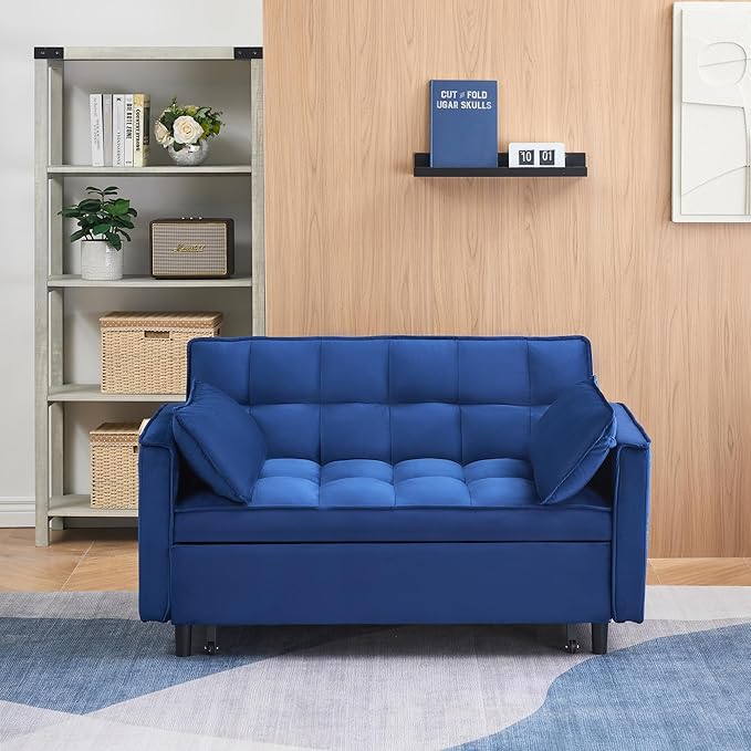55 Sleeper Loveseat3 in 1 Sofa BedPull Out Couch Bed with 2 Pillows and Side PocketsVelvet Convertible Bed for Small Spaces Living Room (Blue)