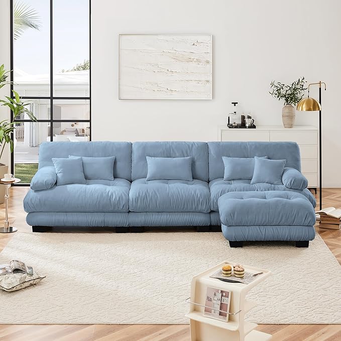 Oversized Modular Sectional Sofa 133.8 Inch L Shaped Couch Set for Living Room 3-Seater Comfy Chenille Cloud Couches with Movable Ottoman Square Handrail Blue