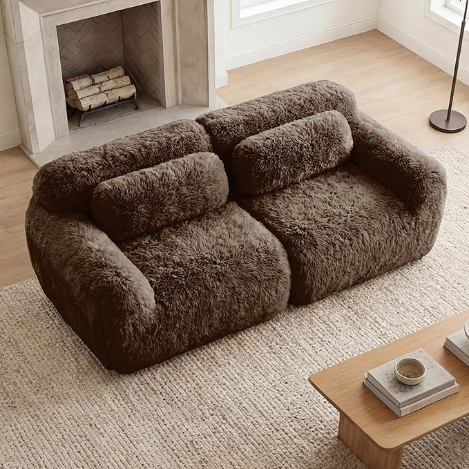 80.4-Inch Boneless Love Seat Couches in a Box Modern 2 Seat Floor Modular Foam Cloud Sofa Faux Fur Loveseat Couch W/Angle Armrests for Home Apartments Bedroom