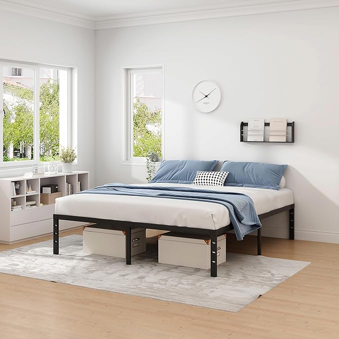 Metal Bed FrameQueen Size Bed Frame with Storage SpaceHeavy Duty Sturdy Mattress FoundationEasy AssemblyNo Box Spring Needed Black18 InchQueen