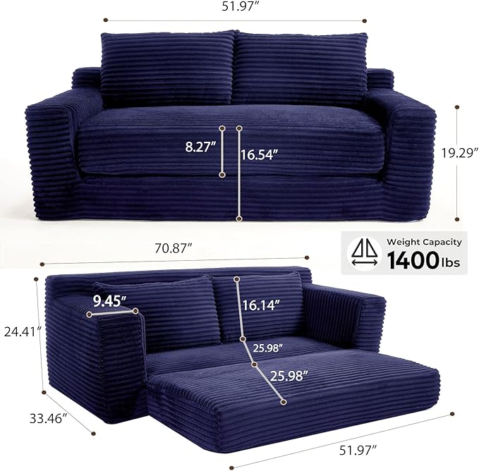 70.87 W Memory Foam Cloud Loveseat Sofa 2 in 1 Convertible Folding Couch Bed No Assembly Compressed Corduroy Floor Lounge Sofa for Apartment Office Bedroom Living Room Small Spaces