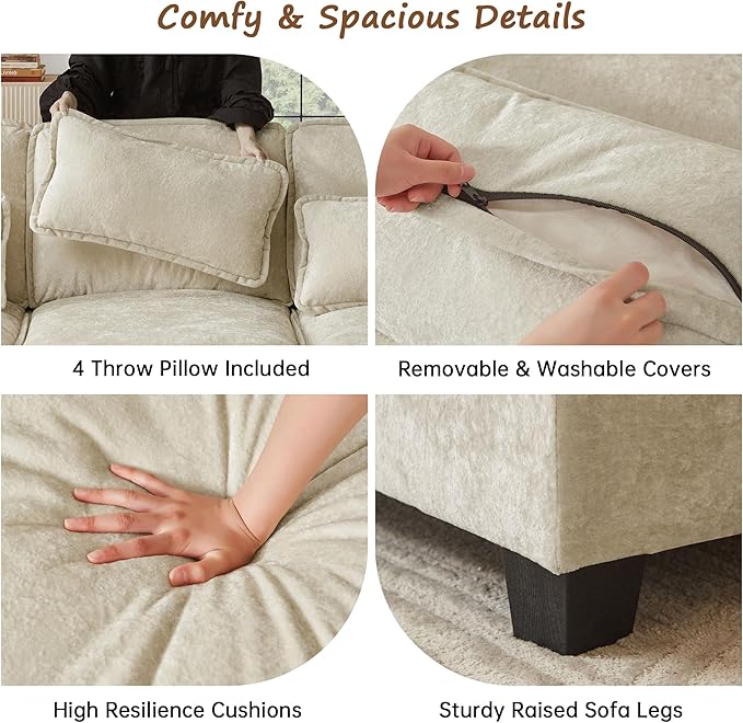 113 U Shaped Sectional Sofa Comfy Cloud Couch Chenille Sofa Sleeper Deep Seat Sofa with 4 Throw Pillows 4-Seater Double-Layer Modern Sofa for Living Room Beige