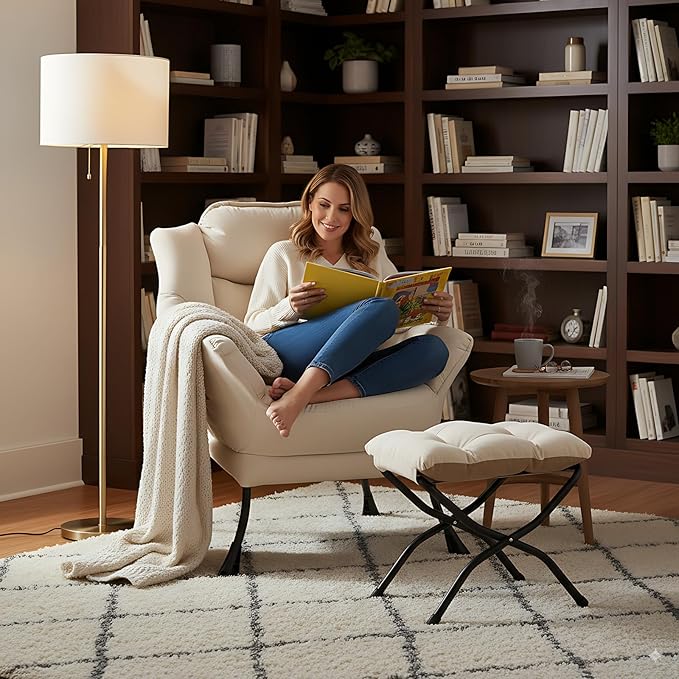 LITA Lazy Chair with Ottoman Modern Accent Leisure Upholstered Sofa Contemporary Lounge Reading Chair with Armrests and a Side Pocket for Living Room Bedroom &amp Small Space Beige