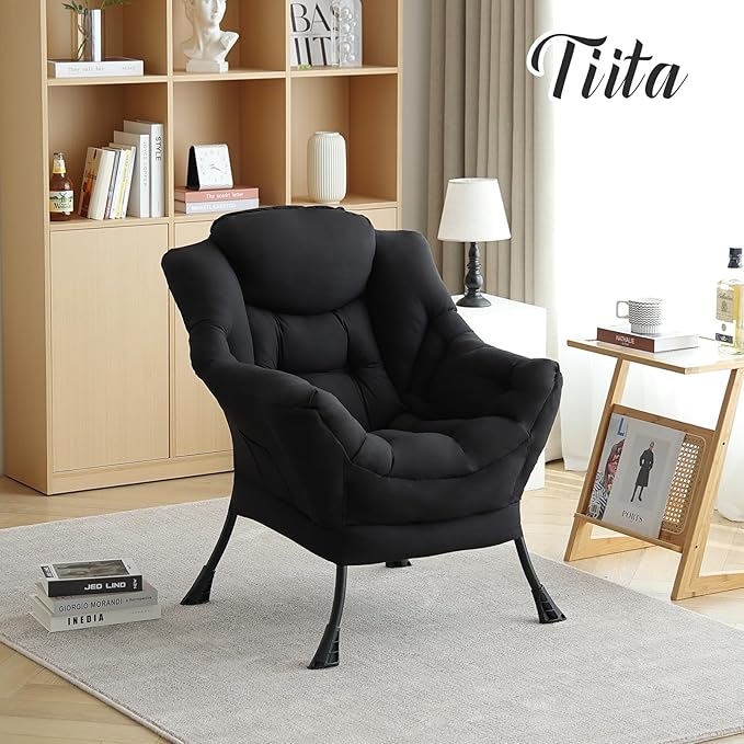 Tiita Lazy Chair Black Modern Large Accent Armchair Comfy Leisure Sofa Reading Chair for Bedroom Living Room Dorm Rooms Garden and Courtyard Black