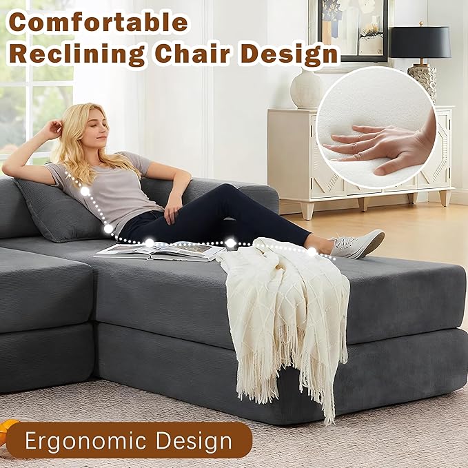 108 W Corduroy Modular Cloud Couch with Fixed-Shape Frame Oversized L-Shaped Sectional Sleeper Sofa Bed with Pull Out Bed No Assembly Modern Floor Boneless Couch for Living Room (Gray)