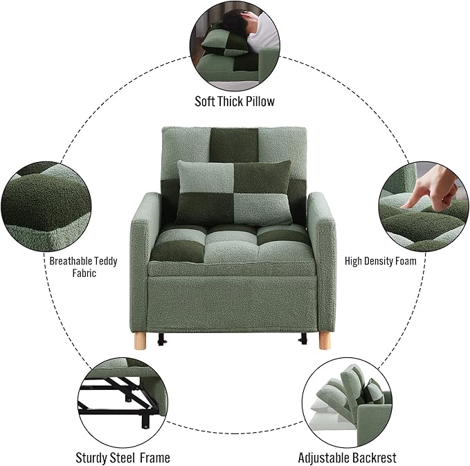 Sleeper Sofa Bed 3-in-1 Convertible Chair Bed Multi-Functional Sleeper Chair Soft Teddy Fabric for Living Room Apartment Office (Green)