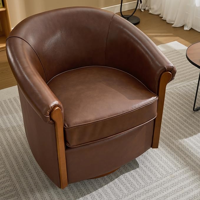 Genuine Leather Seat Swivel Barrel Chair Accent Chair with PVC Exterio &amp Wood Base - Upholstered Lounge Chair for Living Room Home Office Bedroom (Brown)