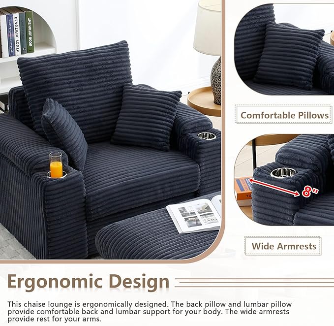 43.3”W Oversized Accent Chair with Ottoman &amp Storage Modern Corduroy Reading Chair with Cup Holder &amp Pillow Comfy Upholstered Deep Seat Armchair for Living Room Bedroom (Dark Grey)