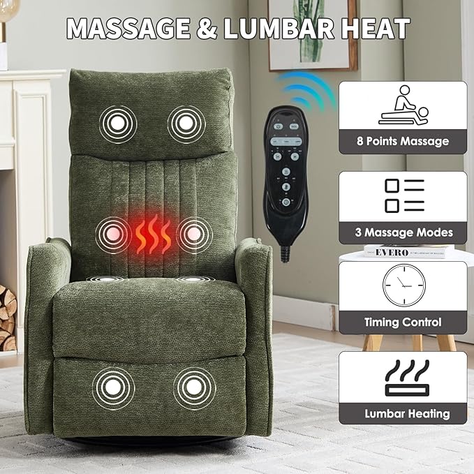 Swivel Rocker Recliner Chair 360° Swivel Recliner with Heat and Massage Rocker Recliner Nursery Glider Chair with Side Pockets for Living Room (Olive Green Fabric)