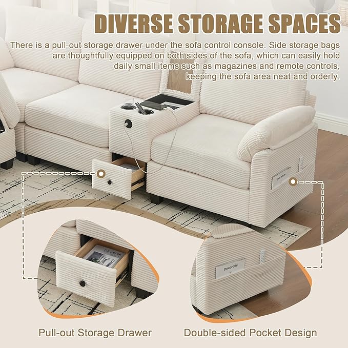 KEIKI 105 L-Shaped Oversized Corduroy Modular Sectional Sofa with 1 Ottoman and Multi Functional Console 4-Seater Upholstered Couch with USB and 2 Cup Holder Easy Assembly for Living Room Beige
