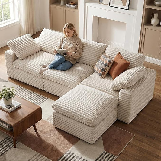 KKL 118 L Shaped Sectional Modular Boneless Sofa 4 Seater Cloud Couch with Ottoman Corduroy Sectional Couches for Living Room Bedroom Beige