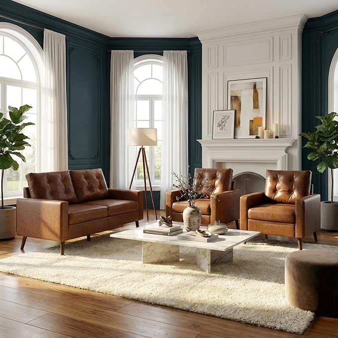 HNY Mid Century Modern 53” Loveseat Sofa Comfy Upholstered Button Tufted Faux Leather 2 Seater Small Sofa Couch Lounge Sleeper Love Seats for Small Spaces Living Room Apartment Bedroom Brown