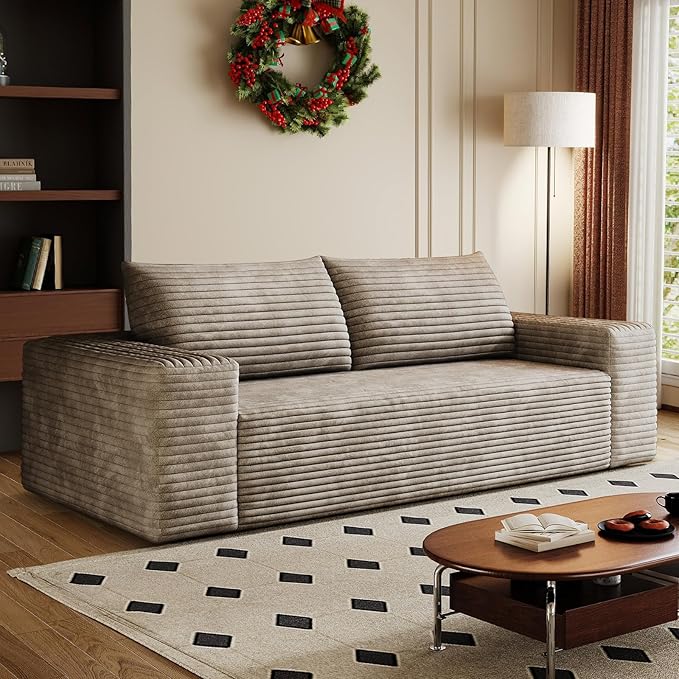 Cloud Loveseat Sofa Corduroy Boneless Couch with High Density Memory Foam Comfy Small Foam Couch in a Box No Assembly Modern Floor Compressed Sofa for Living Room Bedroom Small Space(63WCamel)
