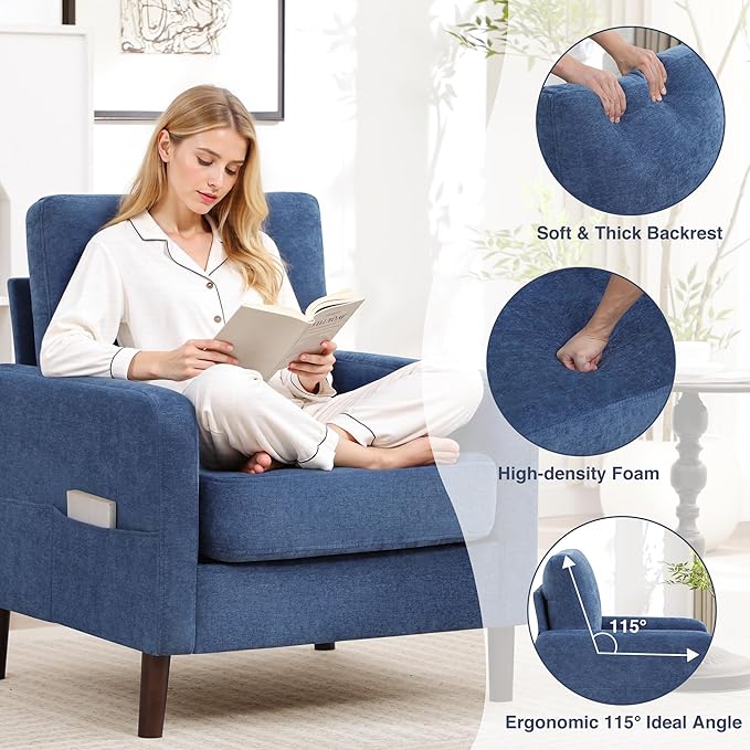 Accent Chair for Living Room Modern Reading Chair for Bedroom Upholstered Armchair with Wood Legs and Side Pockets Single Sofa Side Chair for Office Small Room Apartment Blue Black