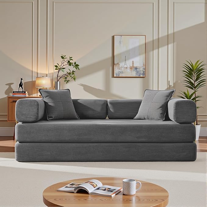 Folding Sofa Bed Convertible Sleeper Sofa Bed with Gold Fixed-Shape Frame Corduroy Floor Couch Lazy Compression Sofa for Living Room Bedroom Home Theater Grey