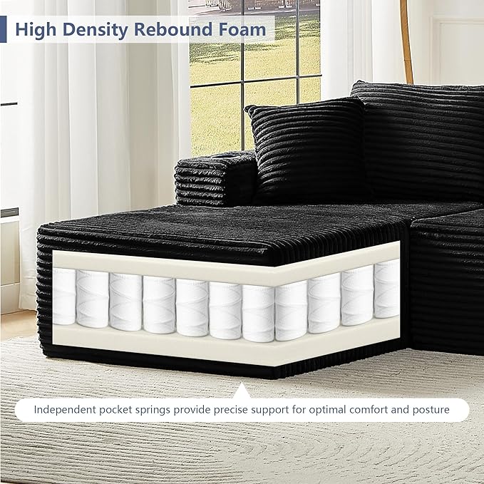 GNIXUU 133.5 Oversized U Shaped Black Boneless Sectional Couch with Cup Holders Modular Sectional Cloud Sofa with Storage Pocket Deep Seat Plush Corduroy Couches for Living Room No Assembly! | eas