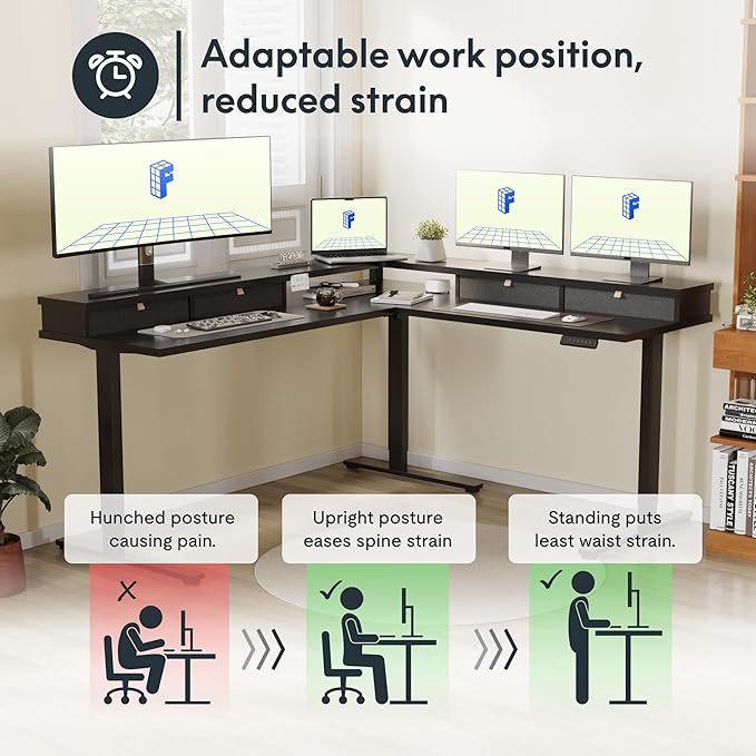 FLEXISPOT 63 L Shaped Standing Desk Electric Corner Table with Monitor Shelf 4 Storage Drawers Adjustable Computer Workstation for Home Office Game Studio Black Top + Black Frame