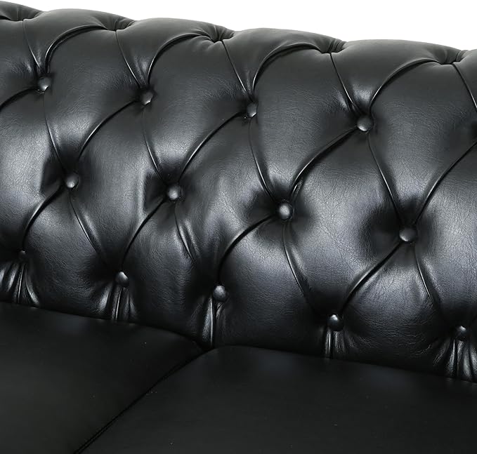 78.75''Chesterfield Sofa Couch Mid Century Modern Tufted Sofa with Rolled Arms and Nailhead 3-Seat PU Upholstered Couches with Solid Wood Legs for Living Room Office Black