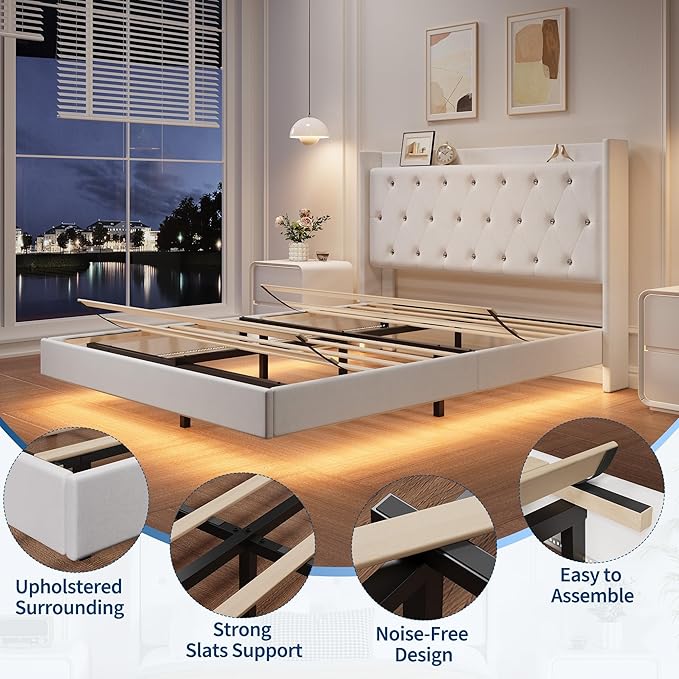 IDEALHOUSE Queen Size Bed Frame with LED Lights Floating Platform Bed with Velvet Upholstered Storage Headboard No Box Spring Needed Noise Free Easy Assembly