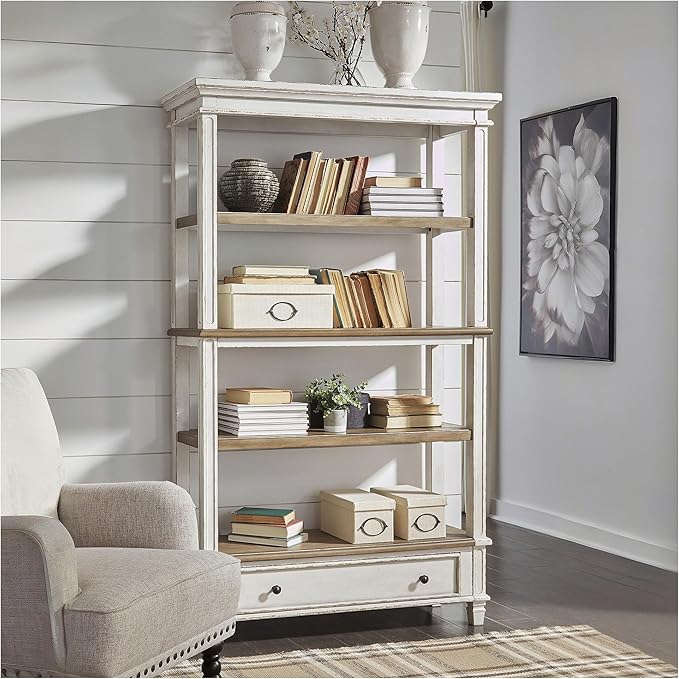 Signature Design by Ashley Realyn French Country 75 Bookcase with Drawer Chipped White