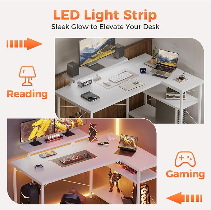Mericonia Small L Shaped Computer Desk with Power Outlets Reversible Gaming Desk with Storage Shelves &amp Monitor Stand Corner Gamer Desk Table Study Writing Table