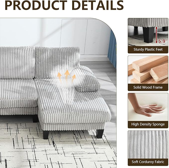 114.2 U-Shaped Sectional Sofa for Living Room Corduroy U-Shaped Couch with Double Chaises 4-Seater Comfy Cloud Sofa for Home Furniture Office &amp Small Space (Light Gray)