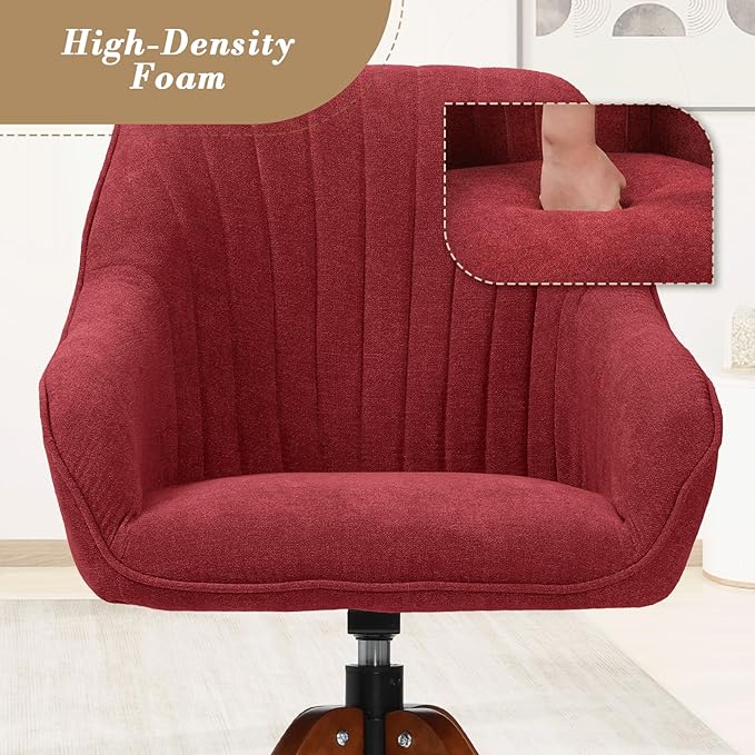Athena Collection Swivel Modern Accent Chair Linen Upholstered Armchair Office Desk Chair No Wheels with Wooden Legs Comfy Vanity Chair Reading Chair for Bedroom Living Room Office Red