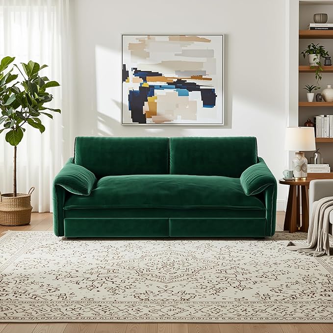 Homy Casa 66 3-in-1 Convertible Sofa Bed Queen Size Pull-Out Bed with Side Storage Velvet Loveseat Modern Sleeper Sofa for Living Room Office or Guest Room (Green)