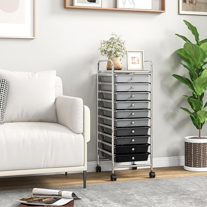 Giantex 10-Drawer Storage Cart w/Universal Wheel Rolling Cart w/Handle Home Organizer Storage Unit w/Removable Drawers Trolley Utility Cart for Kitchen Makeup Living Room Office Play Room