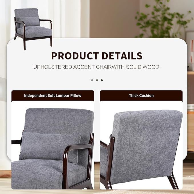 Mid Century Modern Accent Chair with Solid Wood Frame Comfy Reading Lounge Chair with Detachable Lumbar Pillow for Living Room Bedroom Office Vintage Small Wooden Armchair for Waiting Room (Grey)