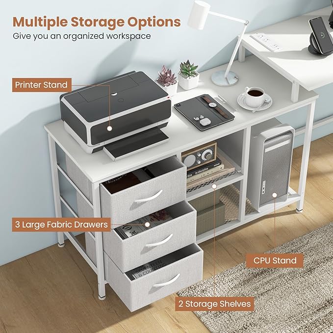 Tangkula 81 Inch L-Shaped Desk with Power Outlet Convertible Corner Desk with Drawers &amp Shelves Office Desk for Working Studying Gaming (White)